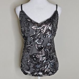 White House Black Market Sequined Floral Cami Tank Top Silver Gray  Sz M